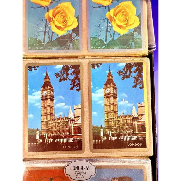 RARE VTG Congress Playing Cards Cel-U-Tone Triple Deck Canasta London Roses - Picture 3 of 12